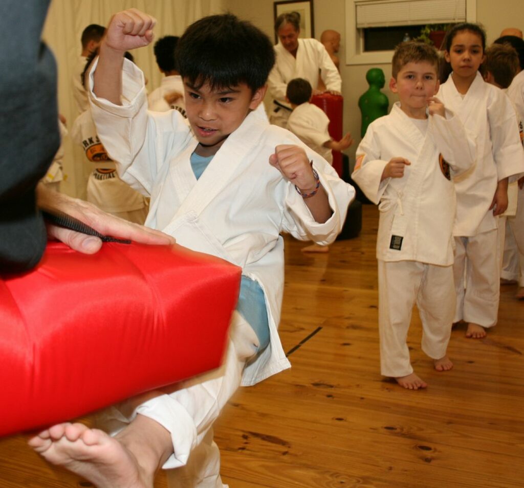 Young Kid kicking a bag