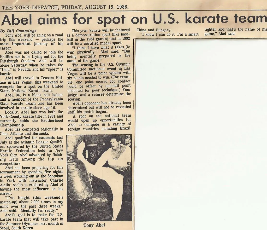 An article in the news about abel aims for spot on US karate team
